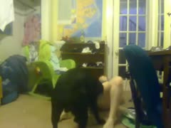 Dog likes to lick pussy this lonely plump girl